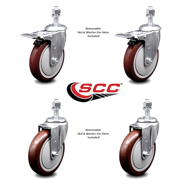 Service Caster 5 Inch Maroon Polyurethane Swivel 12mm Stem Caster Total Lock Brake, 2PK SCC-TSTTL20S514-PPUB-MRN-M1215-2-S-2 - main